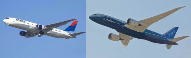 Boeing 767 a esquerda e Boeing 787 a direita. Note a diferença nas asas.
