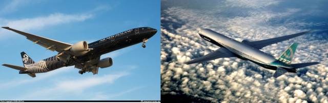 Dois Boeings 777: A esquerda o 777-300ER e a direita o 777X.